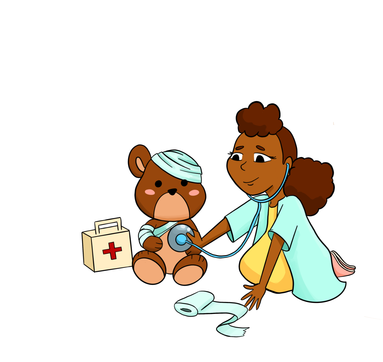 Illustrated child caring for a teddy bear from Why Am I Here?
