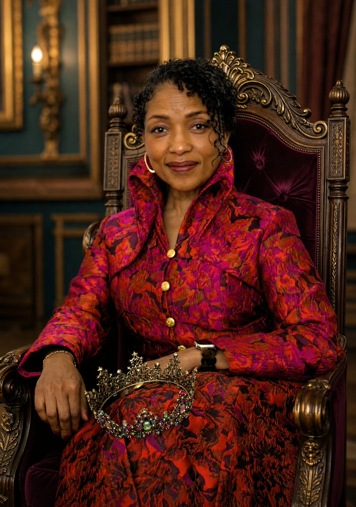 Naomi V. Dunsen-White seated on an ornate plum and gold throne in a regal library, holding a jeweled crown
