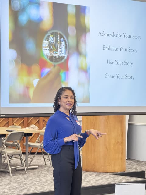 Naomi V. Dunsen-White leading a presentation about acknowledging and sharing your story
