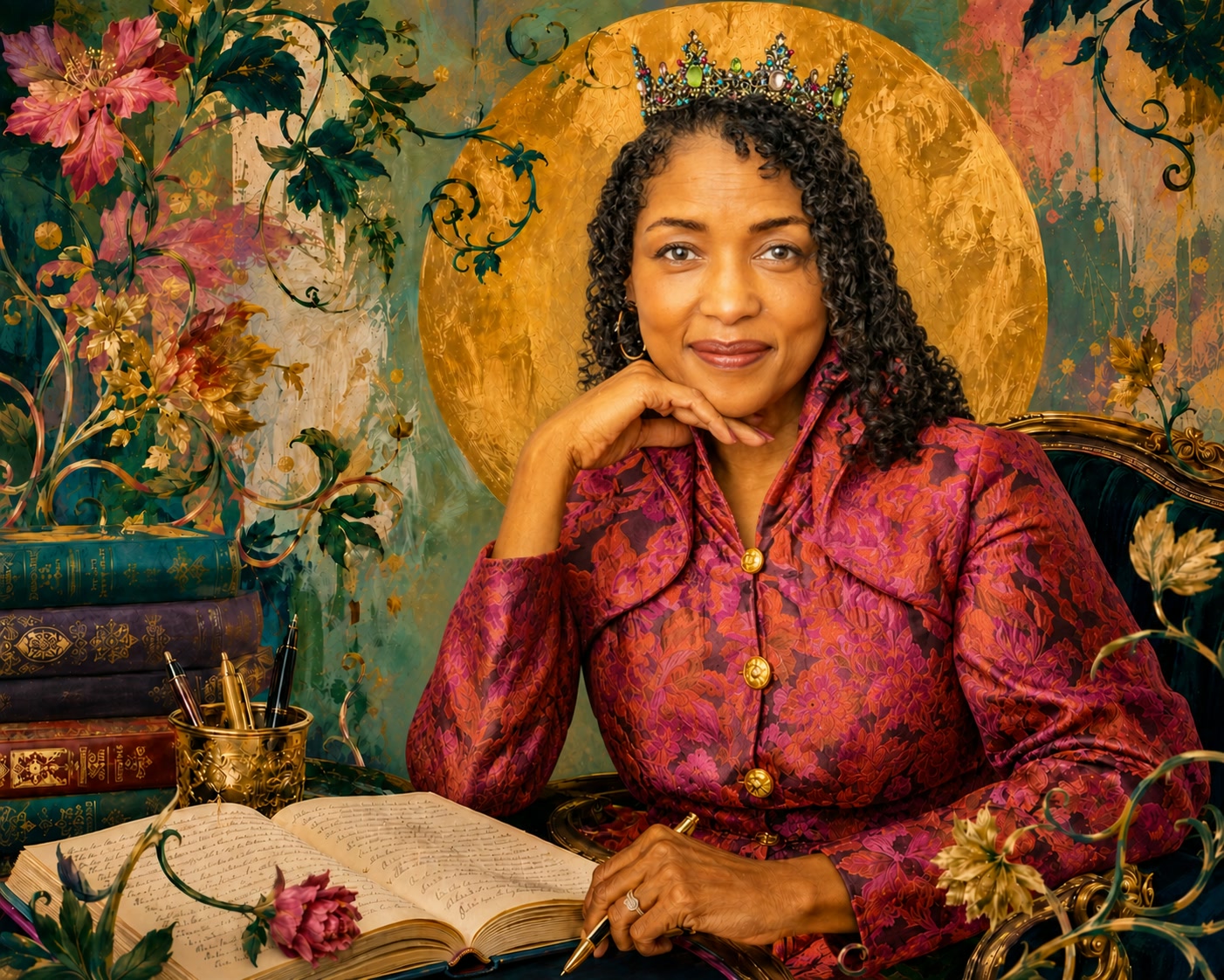 Naomi V. Dunsen-White seated with an open manuscript in a literary floral setting