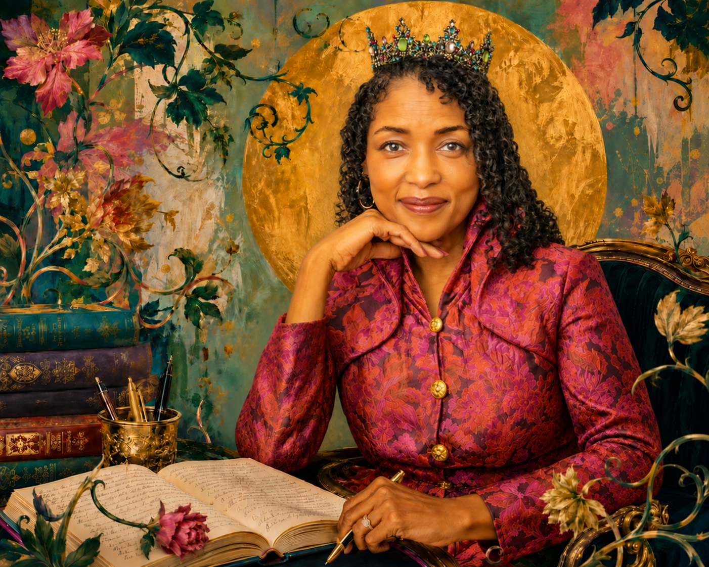 Naomi V. Dunsen-White seated with an open manuscript in a literary floral setting