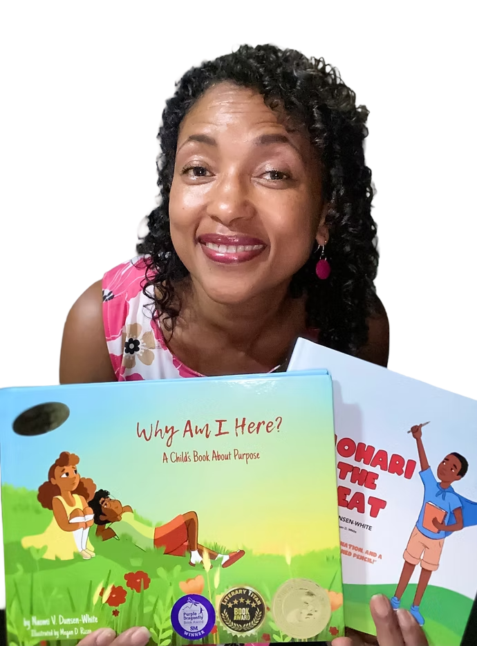 Naomi V. Dunsen-White holding two of her children’s books